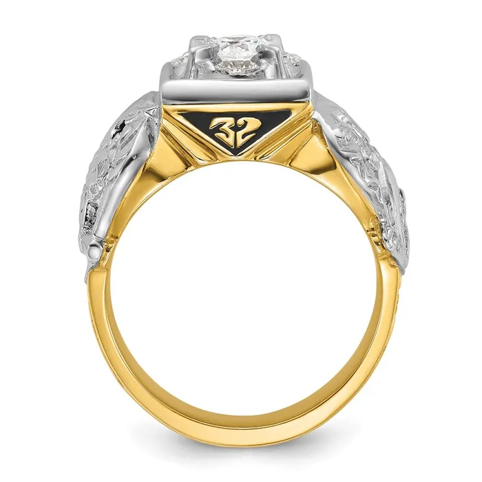 14k Twotone Gold Mens Polished and Textured with Black Enamel and Diamond Double Eagle Masonic Shriners Ring Goldia Rings