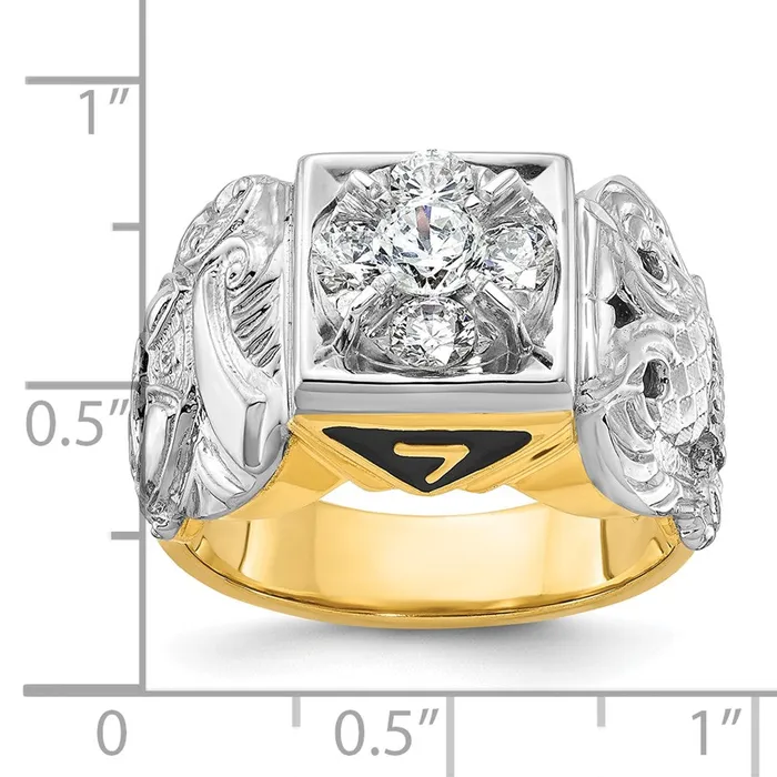 14k Twotone Gold Mens Polished and Textured with Black Enamel and Diamond Double Eagle Masonic Shriners Ring Goldia Rings