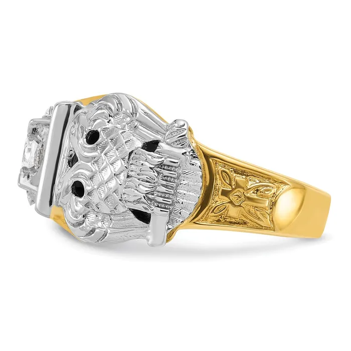14k Twotone Gold Mens Polished and Textured with Black Enamel and Diamond Double Eagle Masonic Shriners Ring Goldia Rings