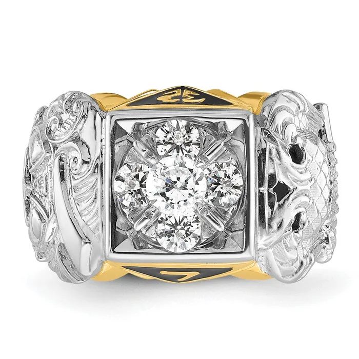 14k Twotone Gold Mens Polished and Textured with Black Enamel and Diamond Double Eagle Masonic Shriners Ring Goldia Rings