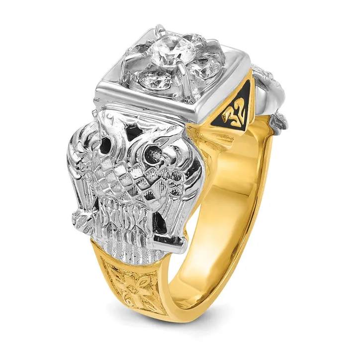 14k Twotone Gold Mens Polished and Textured with Black Enamel and Diamond Double Eagle Masonic Shriners Ring Goldia Rings