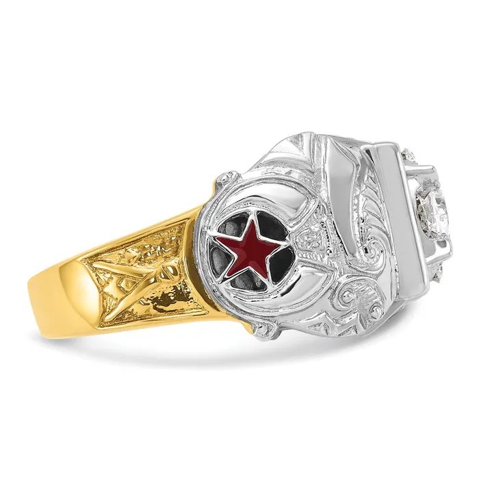14k Twotone Gold Mens Polished and Textured with Black Enamel and Diamond Double Eagle Masonic Shriners Ring Goldia Rings