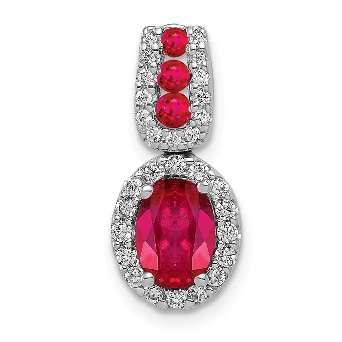 14k White Gold 15 Ct Lab Grown Diamond VSSI G and Lab Created Ruby Oval Halo Pendant Goldia Necklaces