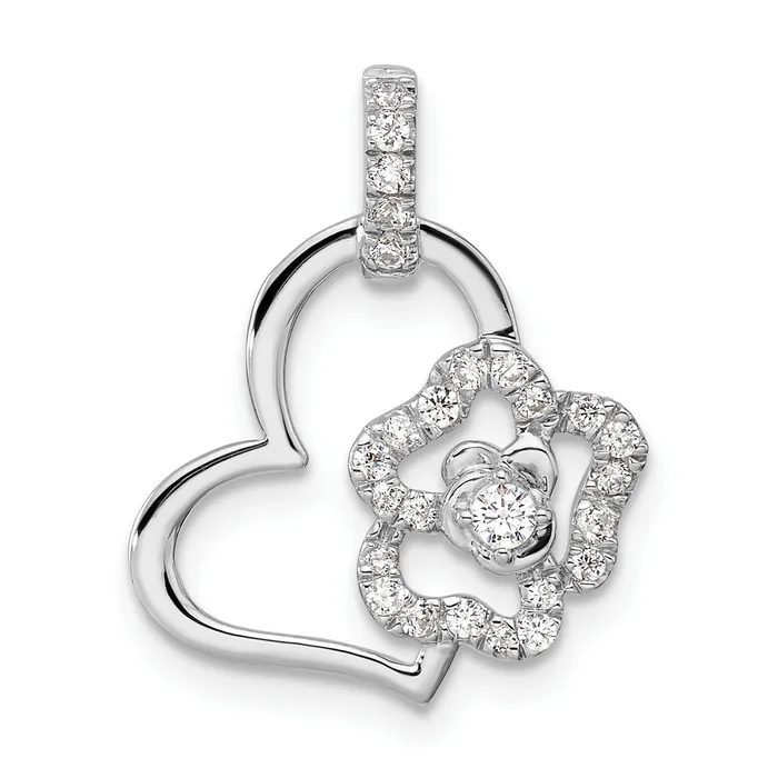 14k White Gold 15 Ct Lab Grown Diamond VSSI G Flower on Heart Pendant Goldia Necklaces