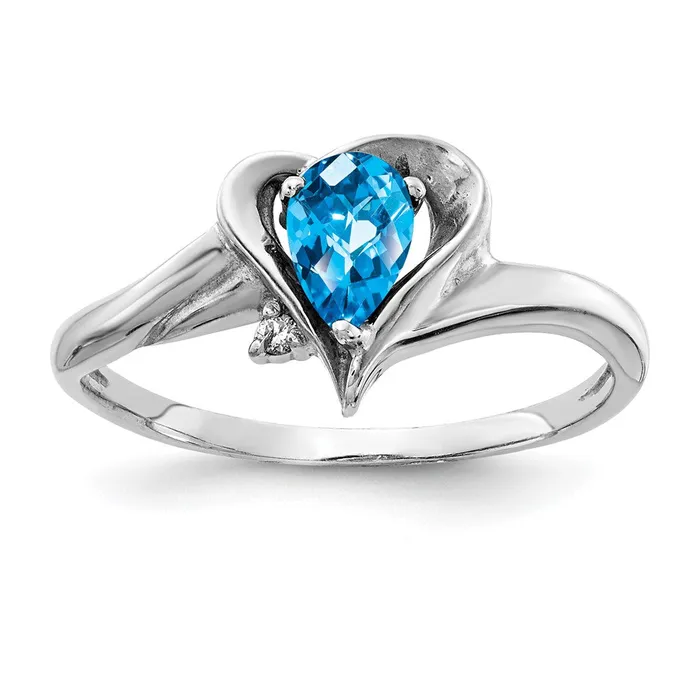 14k White Gold 6x4mm Pear Blue Topaz Checker AA Diamond ring Goldia Rings