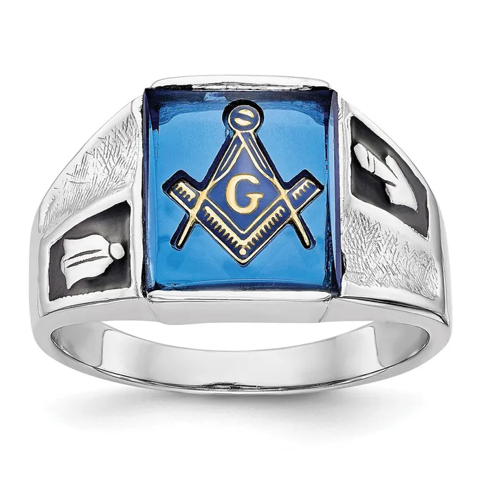 14k White Gold Mens Polished and Textured with Black Enamel and Imitation Blue Spinel Masonic Ring Goldia Rings