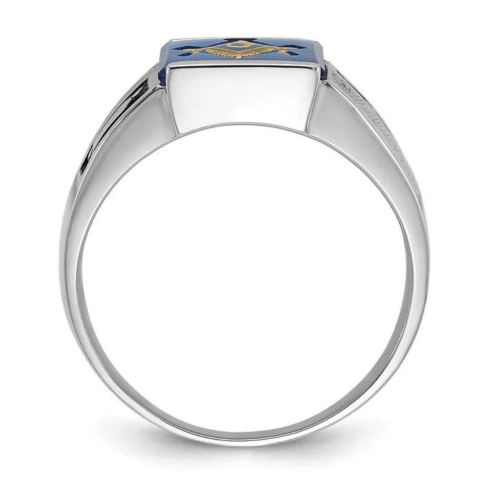 14k White Gold Mens Polished and Textured with Black Enamel and Imitation Blue Spinel Masonic Ring Goldia Rings