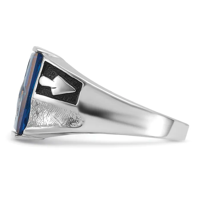 14k White Gold Mens Polished and Textured with Black Enamel and Imitation Blue Spinel Masonic Ring Goldia Rings