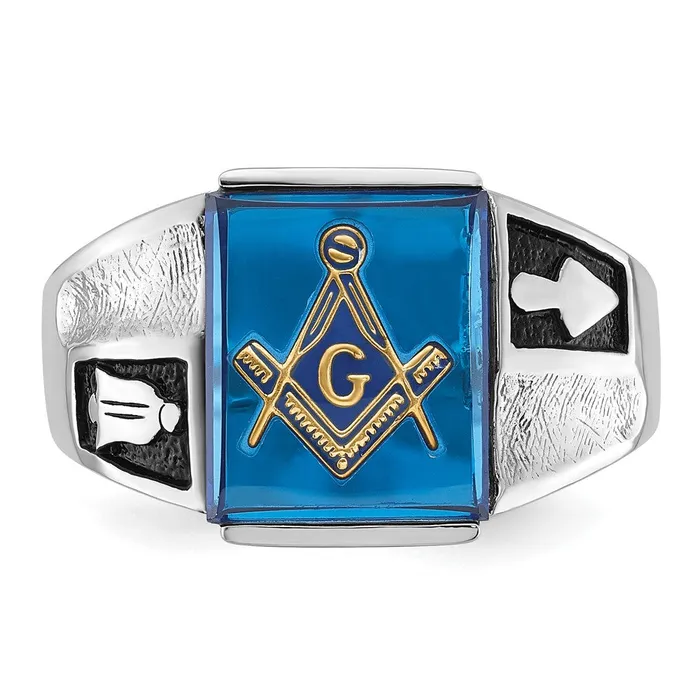 14k White Gold Mens Polished and Textured with Black Enamel and Imitation Blue Spinel Masonic Ring Goldia Rings