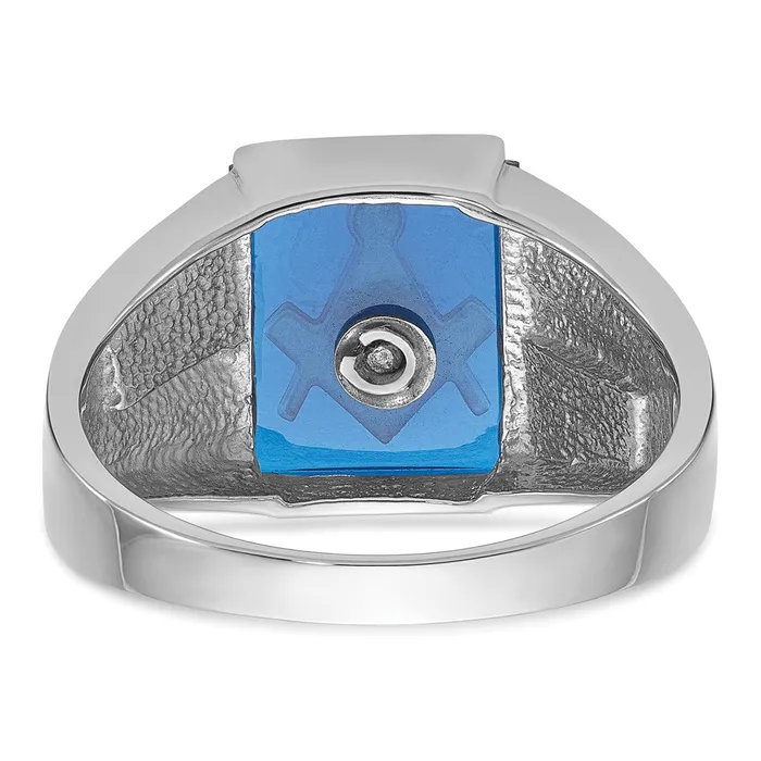 14k White Gold Mens Polished and Textured with Black Enamel and Imitation Blue Spinel Masonic Ring Goldia Rings