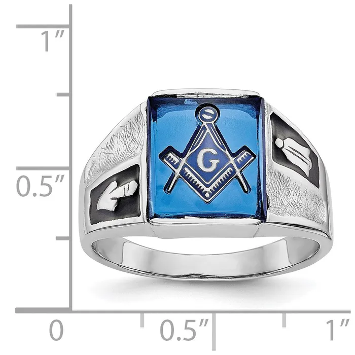 14k White Gold Mens Polished and Textured with Black Enamel and Imitation Blue Spinel Masonic Ring Goldia Rings
