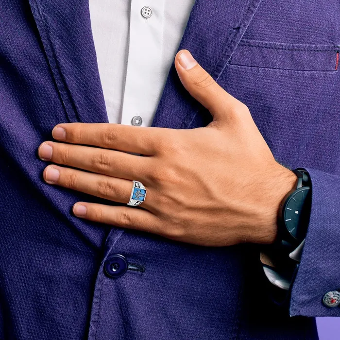 14k White Gold Mens Polished and Textured with Black Enamel and Imitation Blue Spinel Masonic Ring Goldia Rings
