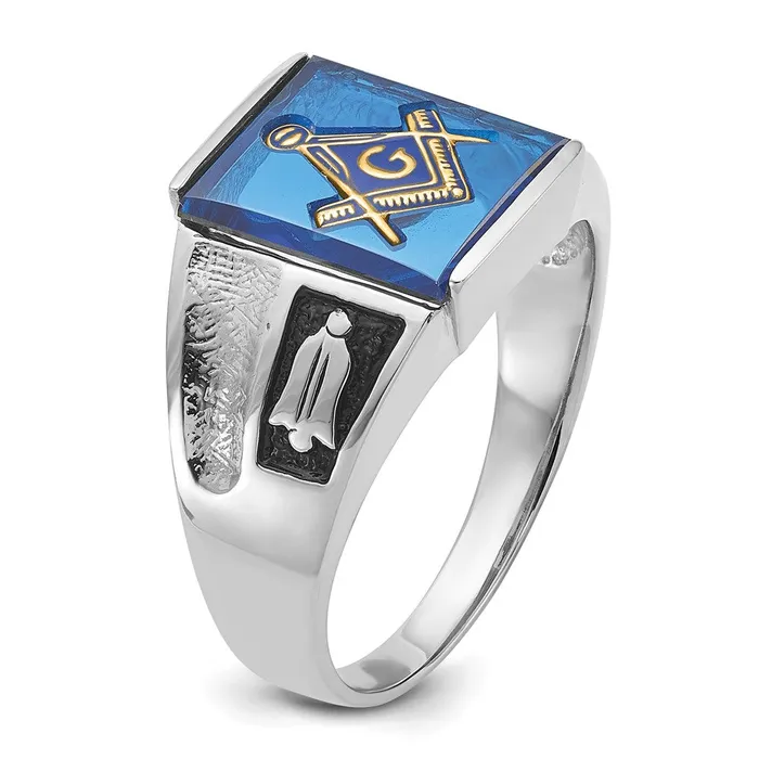 14k White Gold Mens Polished and Textured with Black Enamel and Imitation Blue Spinel Masonic Ring Goldia Rings