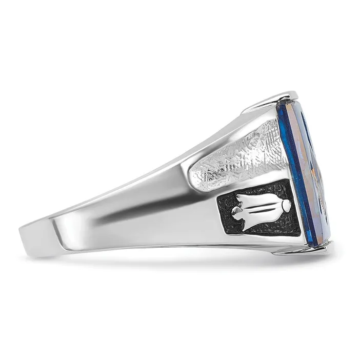14k White Gold Mens Polished and Textured with Black Enamel and Imitation Blue Spinel Masonic Ring Goldia Rings