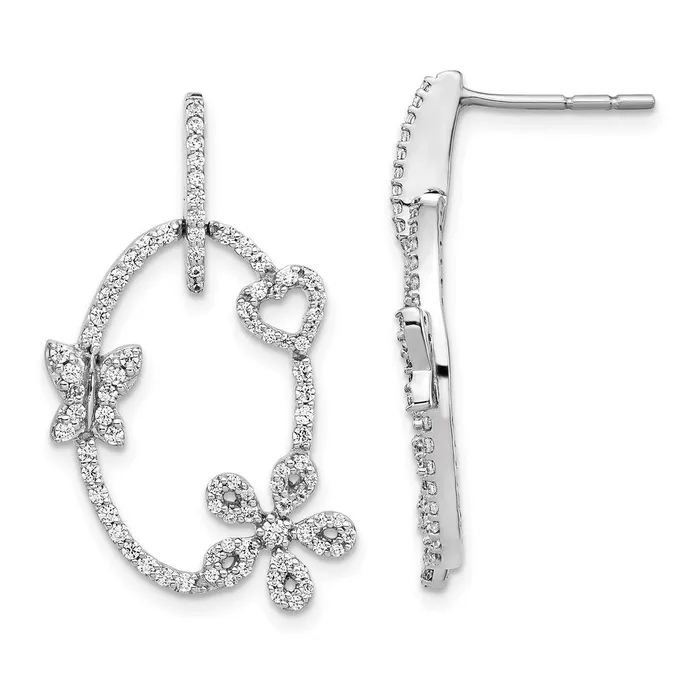 14k White Gold Real Diamond Heart Flower u0026 Butterfly Post Earrings Goldia Earrings