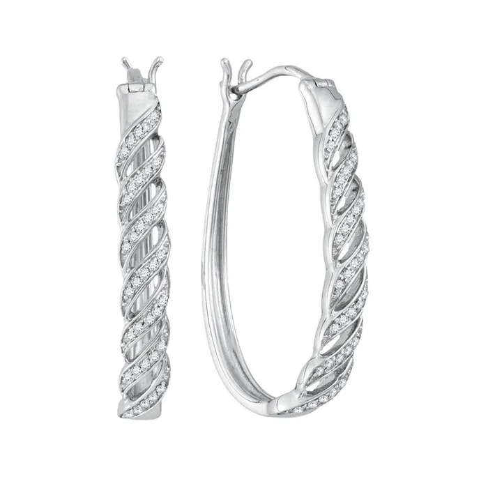 14k White Gold Round Diamond Oblong Hoop Earrings 15 Cttw gndatlanta Earrings
