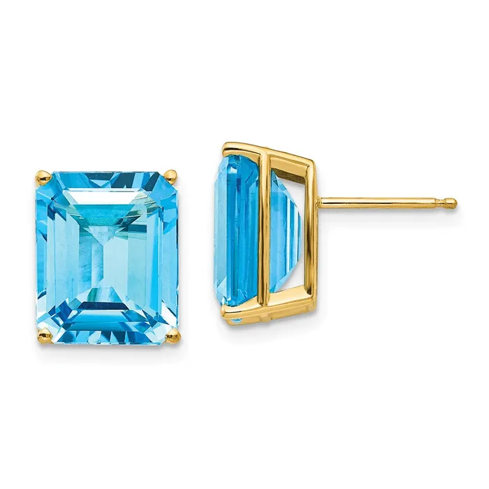 14k Yellow Gold 12x10mm Emerald Cut Blue Topaz Earrings Goldia Earrings