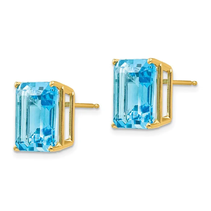 14k Yellow Gold 12x10mm Emerald Cut Blue Topaz Earrings Goldia Earrings