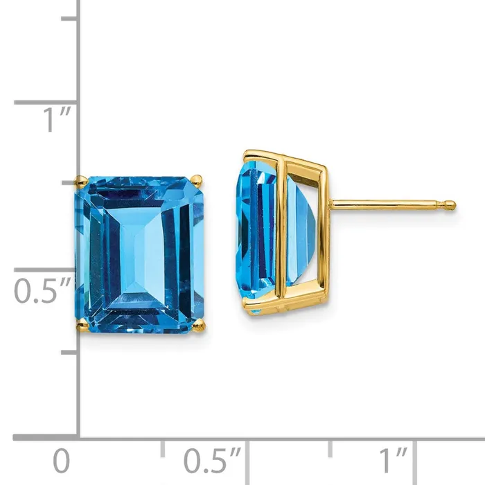 14k Yellow Gold 12x10mm Emerald Cut Blue Topaz Earrings Goldia Earrings