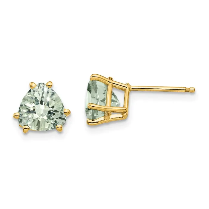 14k Yellow Gold 7mm Trillion CheckerCut Green Quartz Earrings Goldia Earrings