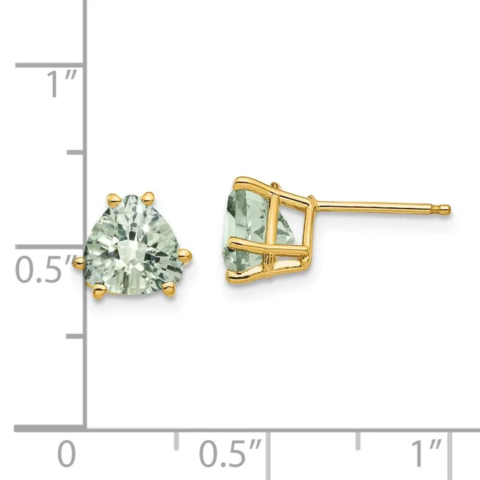 14k Yellow Gold 7mm Trillion CheckerCut Green Quartz Earrings Goldia Earrings