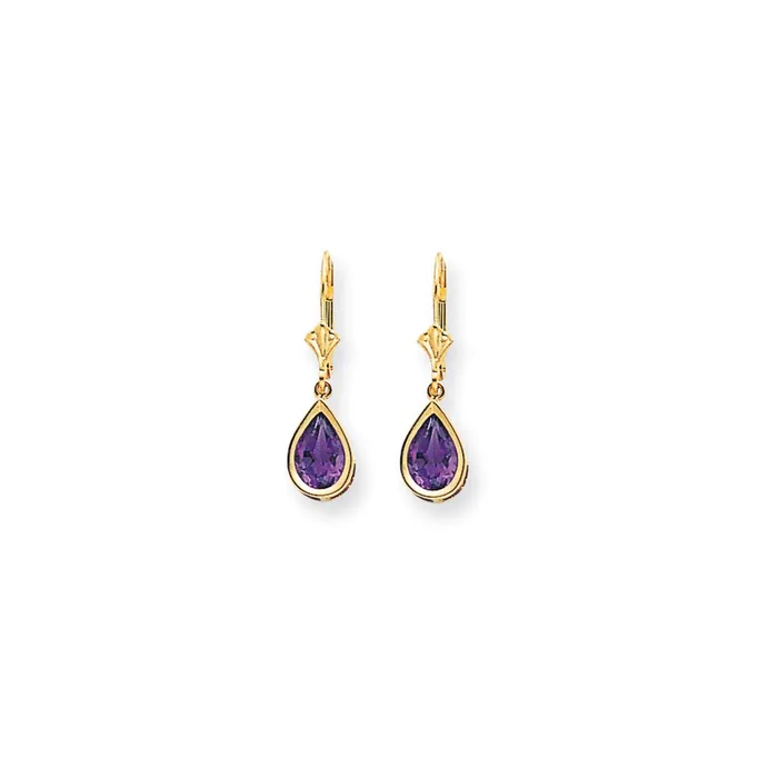 14k Yellow Gold 9x6mm Pear Amethyst Checker leverback Earrings Goldia Earrings