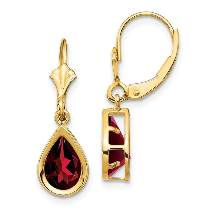 14k Yellow Gold 9x6mm Pear Garnet Leverback Earrings Goldia Earrings