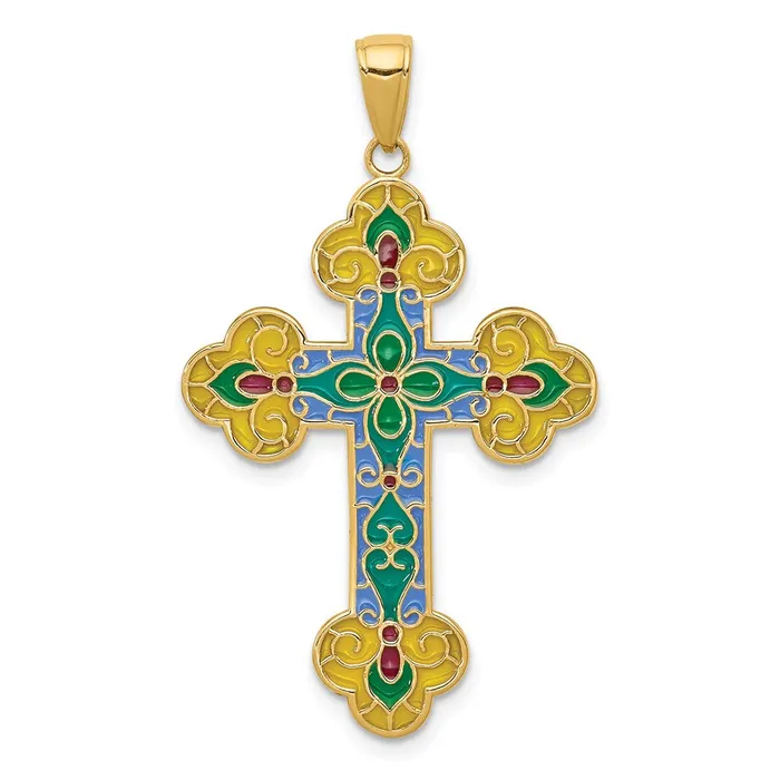 14k Yellow Gold Acrylic Flower Center Budded Cross Pendant Goldia Necklaces
