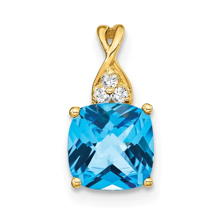 14K Yellow Gold Checkerboard Blue Topaz and Real Diamond Pendant Goldia Necklaces