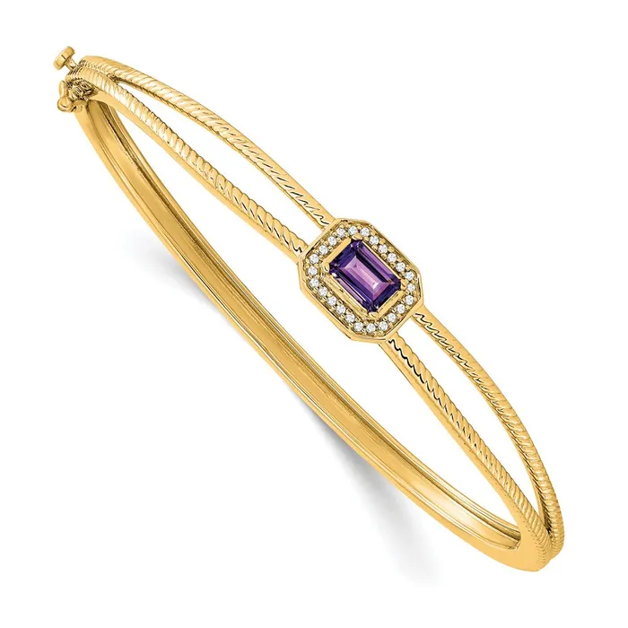 14k Yellow Gold Emeraldshape Amethyst and Natural Diamond Halo Bangle goldiaca Necklaces