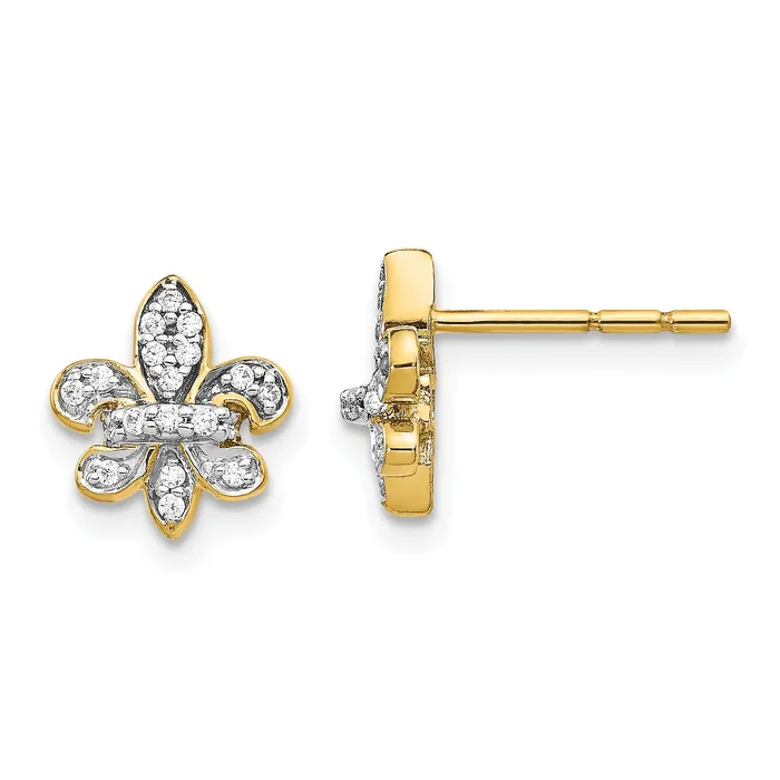 14k Yellow Gold Lab Grown VSSI G Diamond Fleur de Lis Post Earrings Goldia Earrings