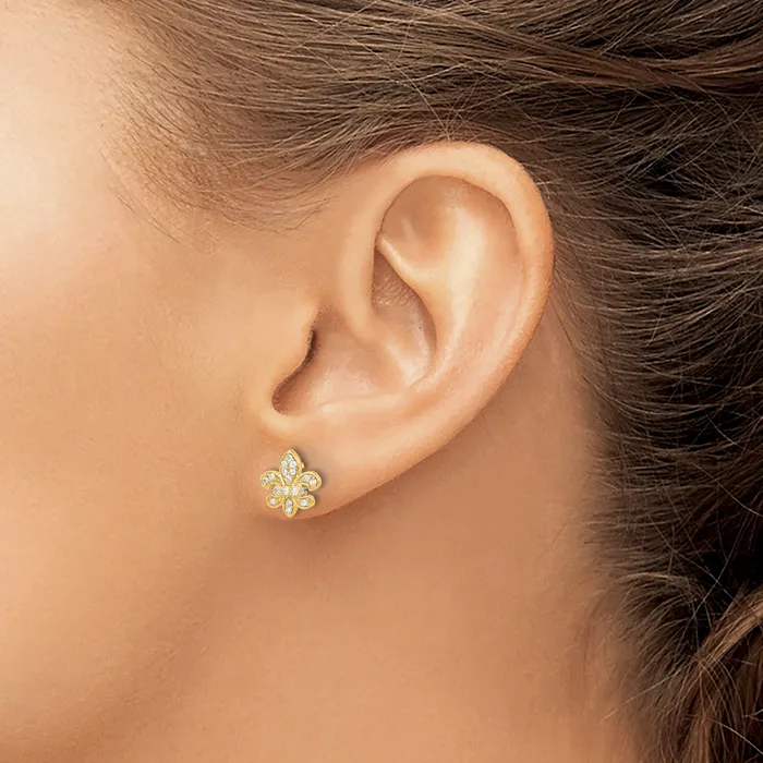 14k Yellow Gold Lab Grown VSSI G Diamond Fleur de Lis Post Earrings Goldia Earrings
