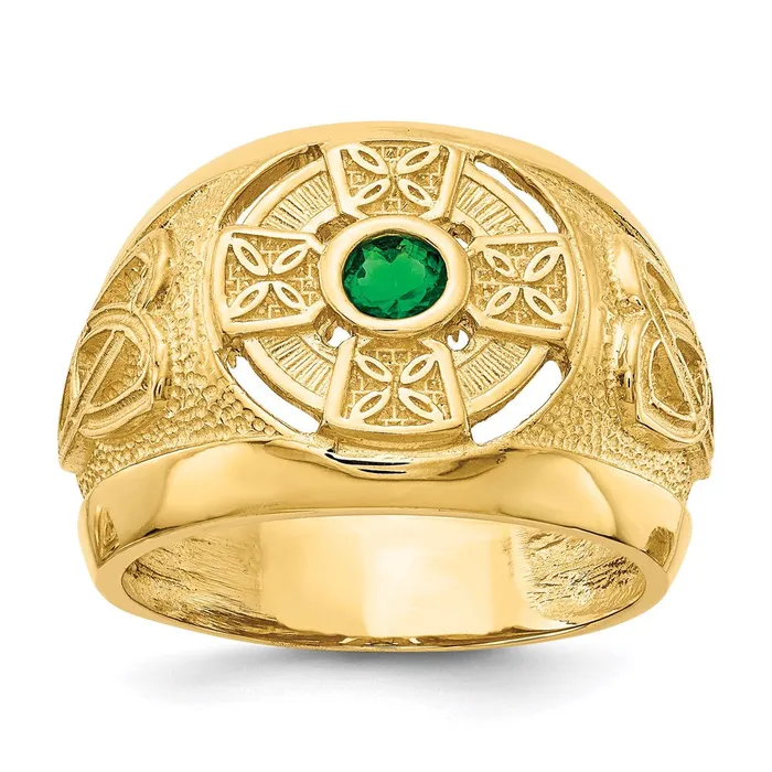 14K Yellow Gold Mens Celtic Cross with Green Synthetic Stone Center Ring Goldia Rings