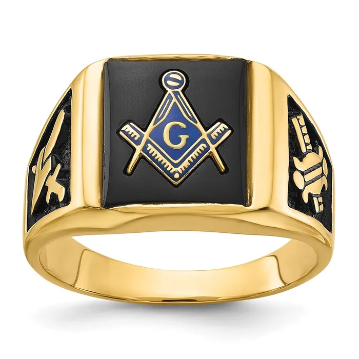 14k Yellow Gold Mens Polished and Textured with Black Enamel Onyx Masonic Ring Goldia Rings