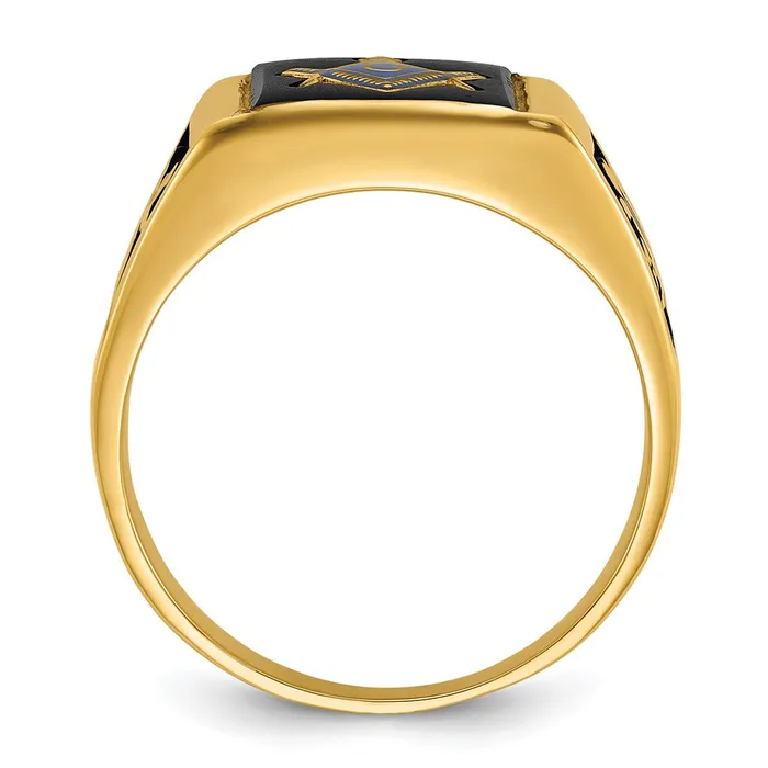 14k Yellow Gold Mens Polished and Textured with Black Enamel Onyx Masonic Ring Goldia Rings