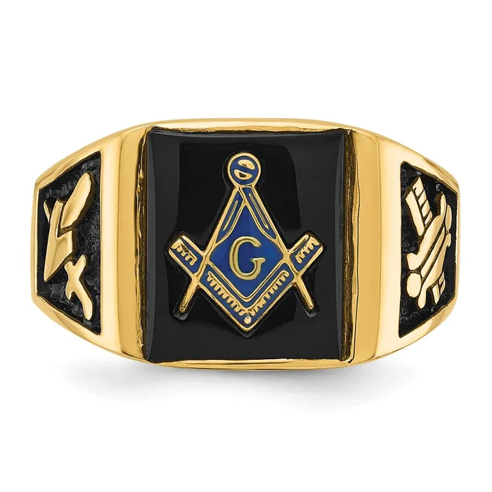 14k Yellow Gold Mens Polished and Textured with Black Enamel Onyx Masonic Ring Goldia Rings