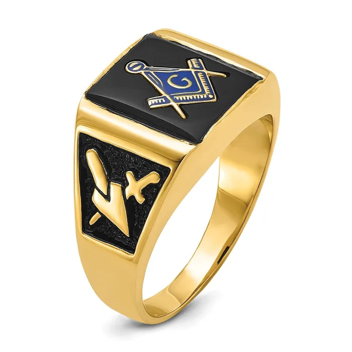 14k Yellow Gold Mens Polished and Textured with Black Enamel Onyx Masonic Ring Goldia Rings