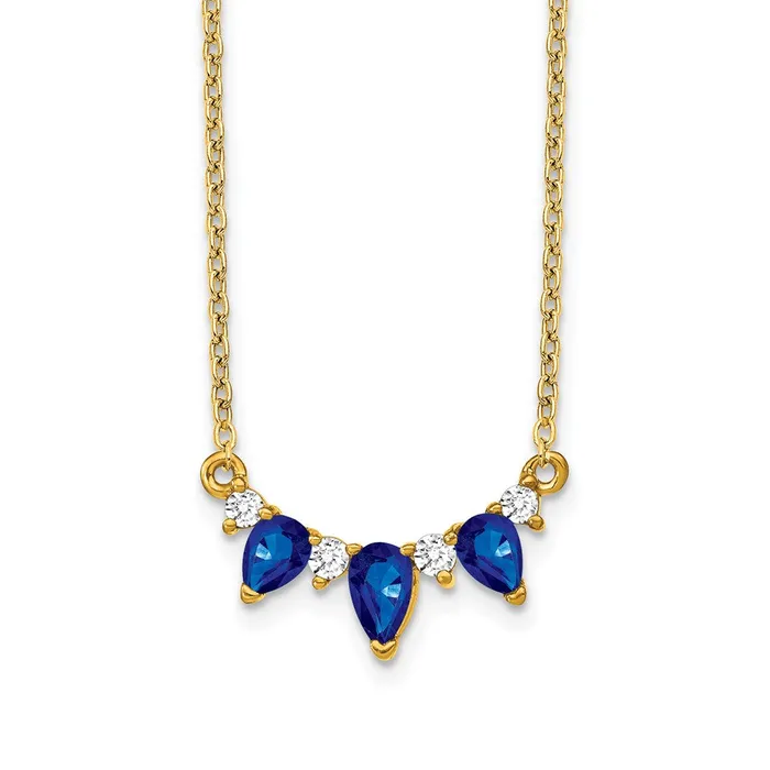 14K Yellow Gold Pear Shaped Labmade Sapphire and Natural Diamonds 18 inch Necklace Goldia Necklaces