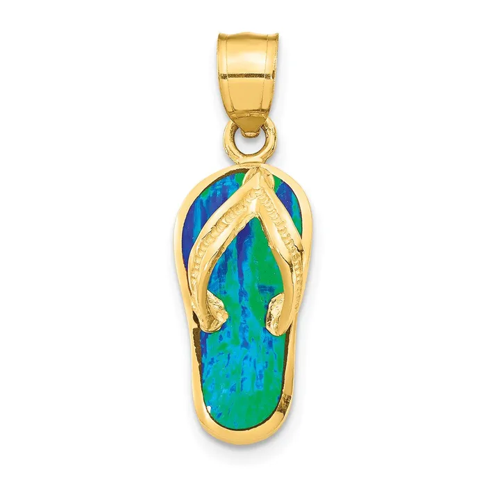14k Yellow Gold Polished 3D wCreated Blue Opal Flip Flop Pendant Goldia Necklaces
