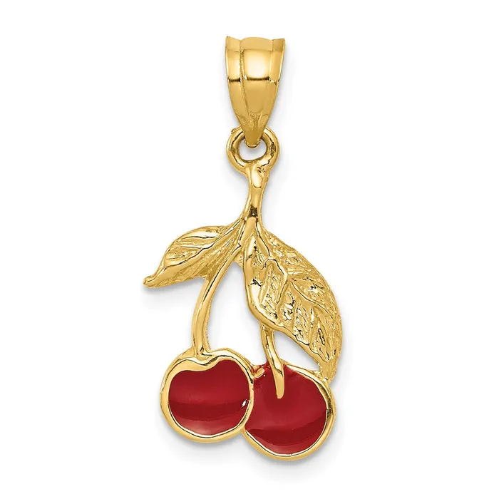 14k Yellow Gold Polished Red Enameled Cherries Pendant Goldia Necklaces