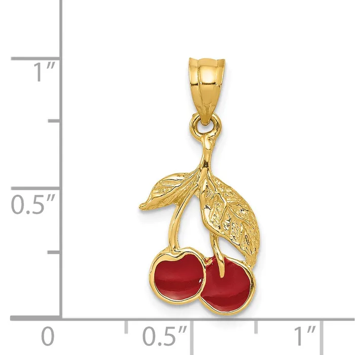 14k Yellow Gold Polished Red Enameled Cherries Pendant Goldia Necklaces