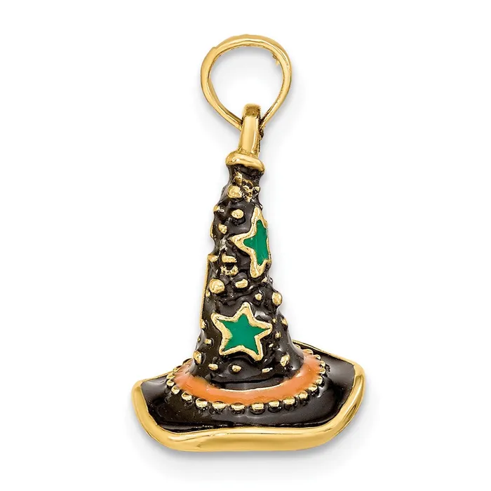 14k Yellow Gold w Enamel 3D Witchs Hat Halloween Charm Goldia Charm Necklaces