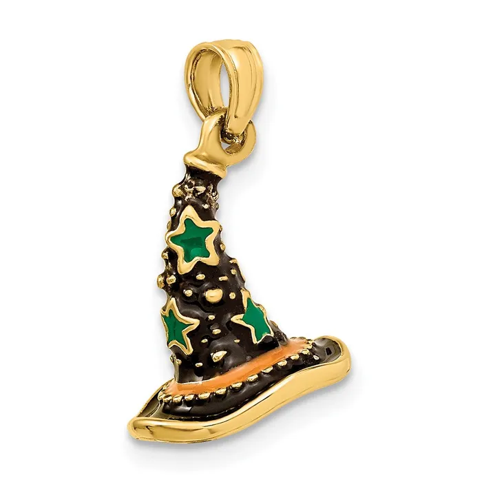 14k Yellow Gold w Enamel 3D Witchs Hat Halloween Charm Goldia Charm Necklaces