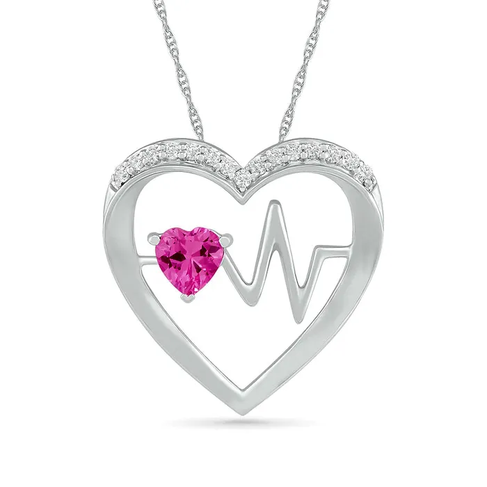 40mm LabCreated Pink and White Sapphire Heartbeat Heart Pendant in Sterling Silver Goldia Necklaces