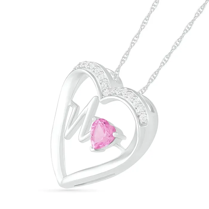 40mm LabCreated Pink and White Sapphire Heartbeat Heart Pendant in Sterling Silver Goldia Necklaces