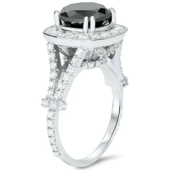 4ct Black REAL Diamond Cushion Vintage Engagement Ring 14K White Gold Goldiacom Rings