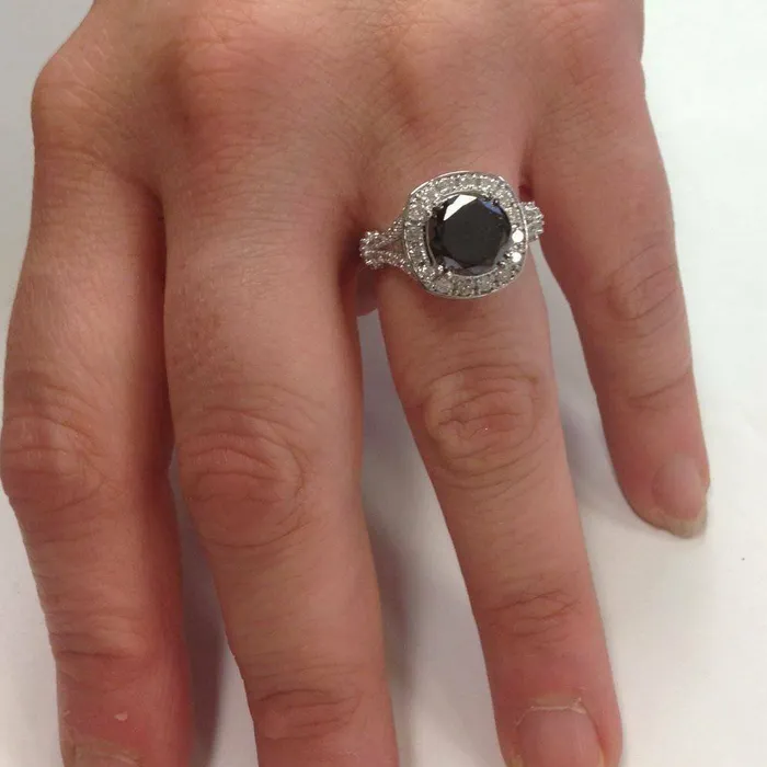 4ct Black REAL Diamond Cushion Vintage Engagement Ring 14K White Gold Goldiacom Rings