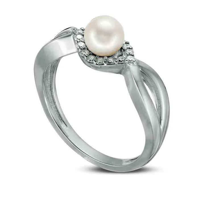 50mm Cultured Freshwater Pearl and 013 CT TW Natural Diamond Frame Twist Shank Ring in Sterling Silver Goldia Rings