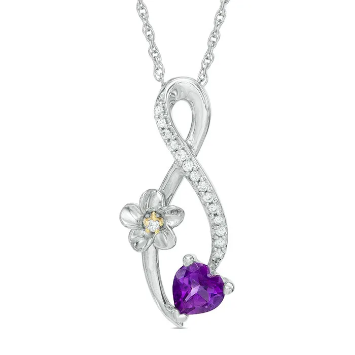 50mm HeartShaped Amethyst and Natural Diamond Accent Infinity with Flower Pendant in Sterling Silver and 10K Yellow Gold Goldia Necklaces