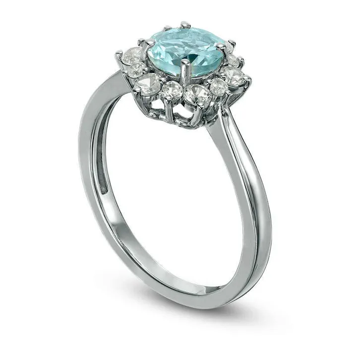 60mm Aquamarine and LabCreated White Sapphire Sunburst Ring in Sterling Silver Goldia Rings